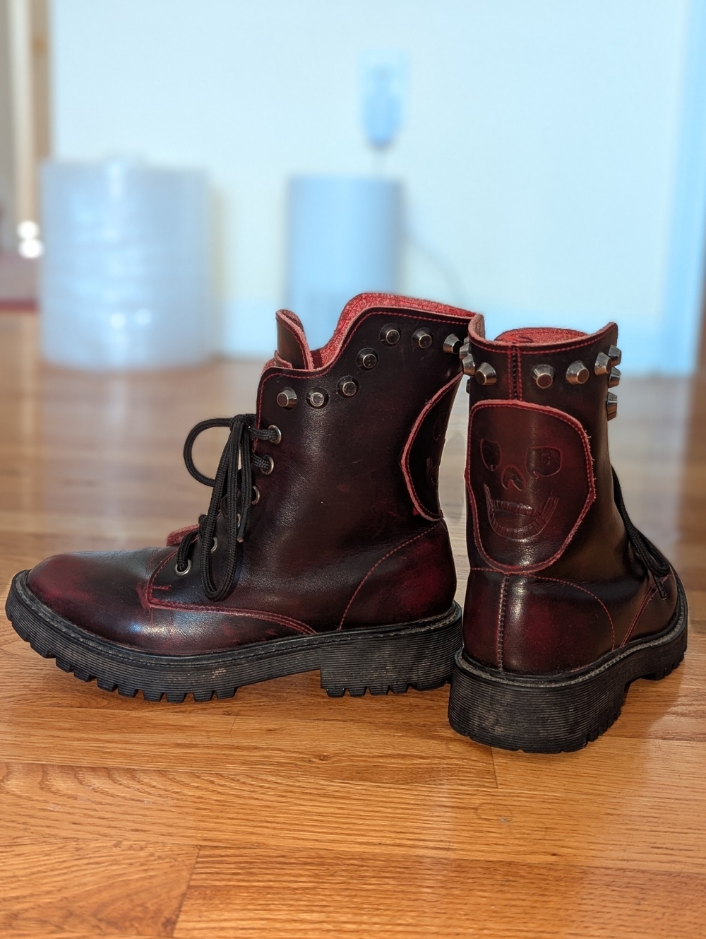 Burgundy Leather Combat Boots with Skull Accent
